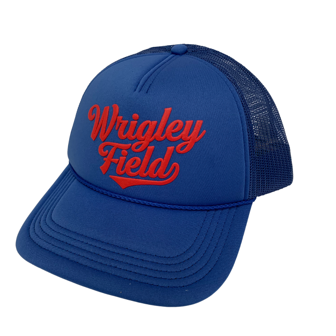 Wrigley Field Chicago Unstructured Trucker Cap Blue Cursive W/Chicago Flag  6990 at  Men's Clothing store