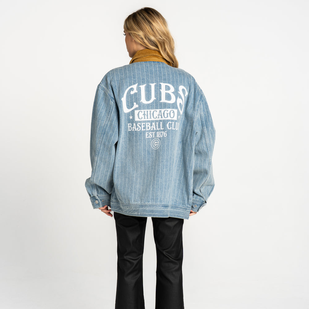 Chicago Cubs C Logo Women's Full Zip Denim Pinstripe Jacket by The Wild Collective Jackets THE WILD COLLECTIVE