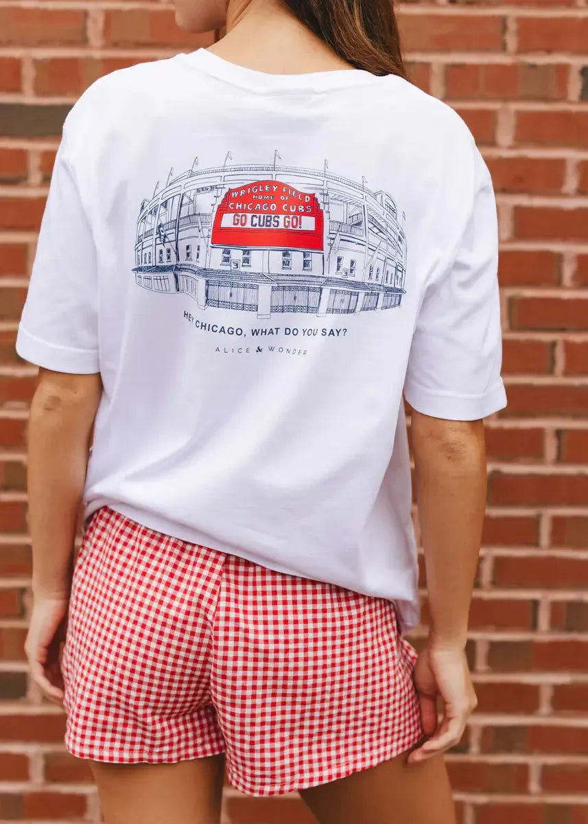 Chicago Cubs X Alice & Wonder Hey Chicago Wrigley White Tee Short Sleeve Tees NEW ERA CAP COMPANY INC