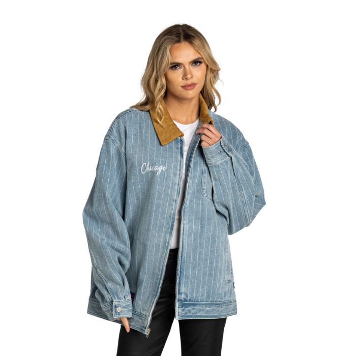 Chicago Cubs C Logo Women's Full Zip Denim Pinstripe Jacket by The Wild Collective Jackets THE WILD COLLECTIVE
