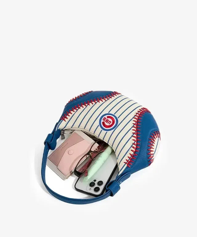 Chicago Cubs Curveball Baseball Stitch Hobo Bag in Royal and White Pinstripe by Montana West